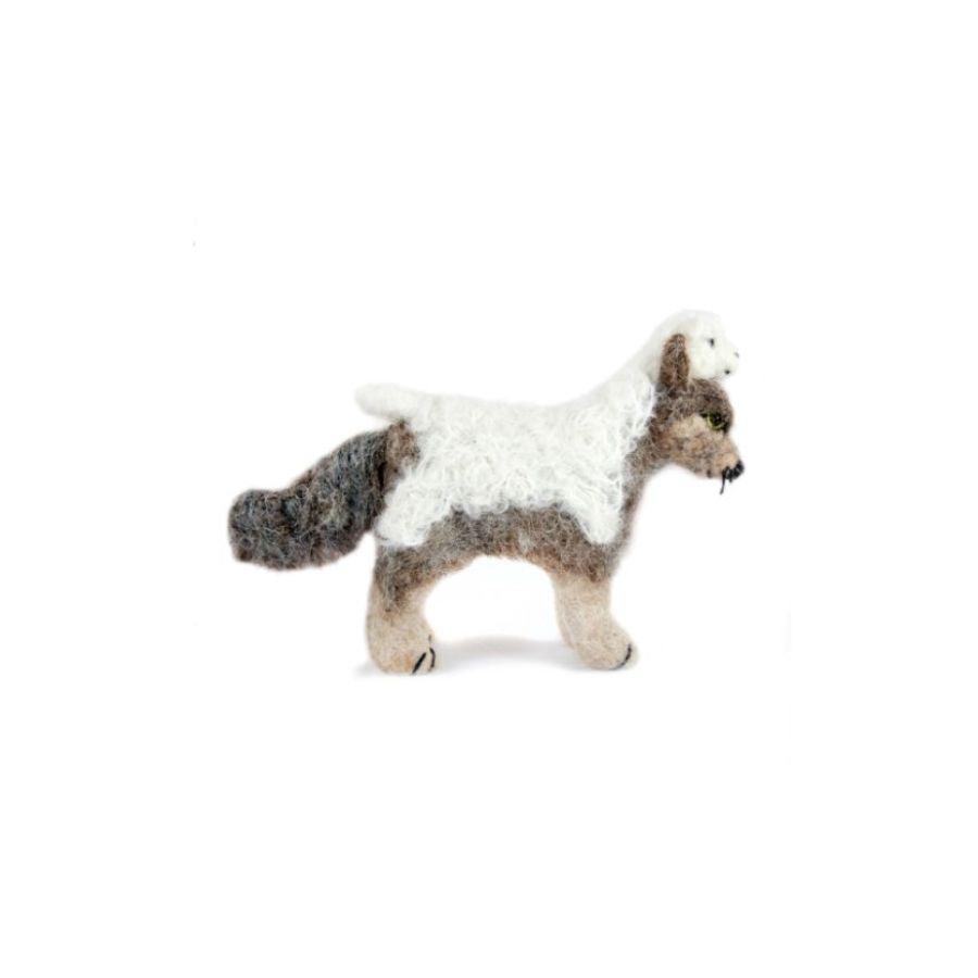 A product photo with a white background of a cute adorable soft funny silly light brown, dark brown, and gray wolf figurine with natural white "sheep's clothing" on its back felted alpaca wool figurine and ornament for gifts birthdays holidays