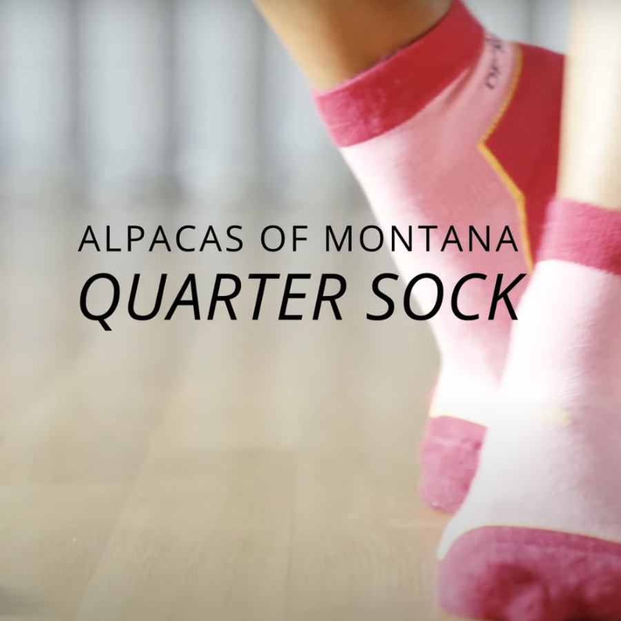 A promotional informative video about the pink and blue Alpacas of Montana cozy activewear outerwear athletic moisture wicking quarter ankle socks.