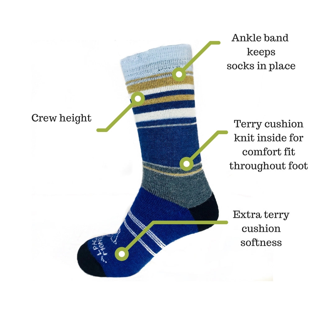 Blue striped soft alpaca sock diagram showing features of comfortable sock