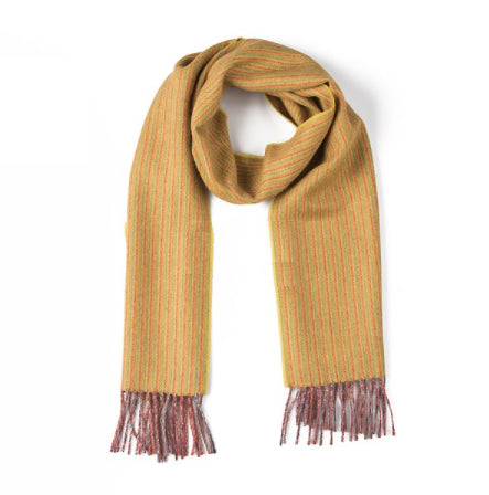 yellow colorful striped alpaca scarf with fringe