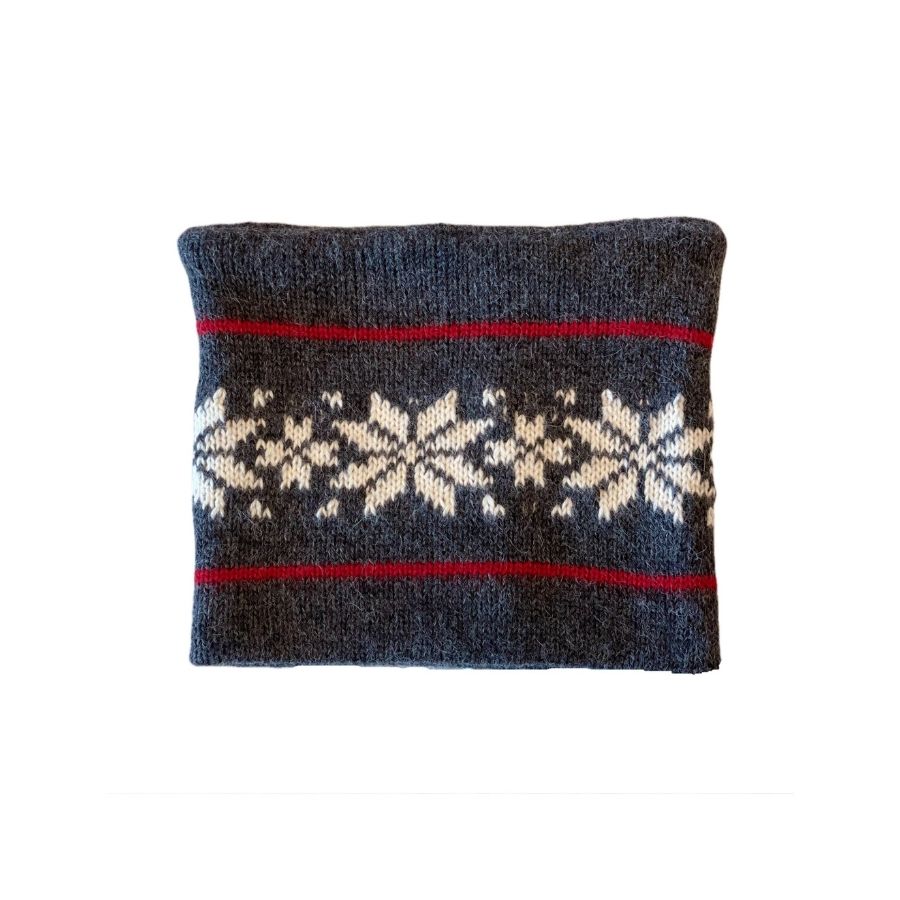 warm gray alpaca wool handmade cowl with red stripes and white snowflakes