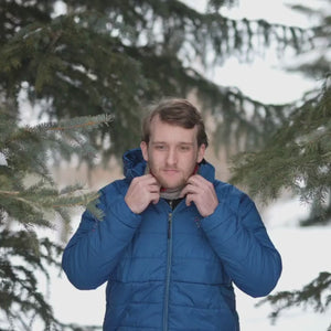 A product video of the blue Alpacas of Montana men's mismi ultra jacket