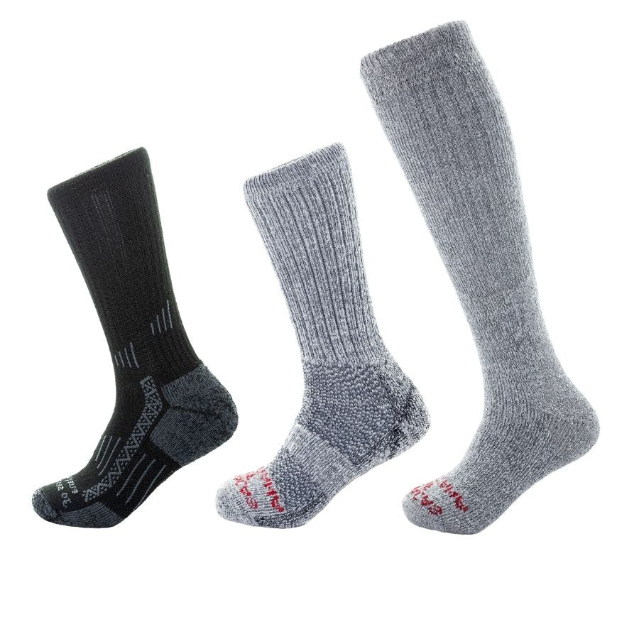 black adventure sock, gray extra cushion sock and gray arctic sock
