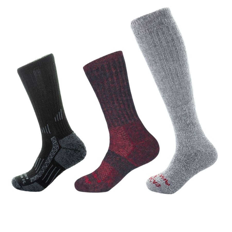 black adventure sock, red extra cushion sock, gray arctic sock