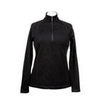 A product photo against a white background of a black Alpacas of Montana warm thermal soft cozy comfortable activewear outerwear athletic moisture wicking antimicrobial women's fashion stylish luxury mid-layer quarter-zip alpaca wool long sleeve pullover top for outdoors camping climbing hiking skiing hunting fishing running winter.