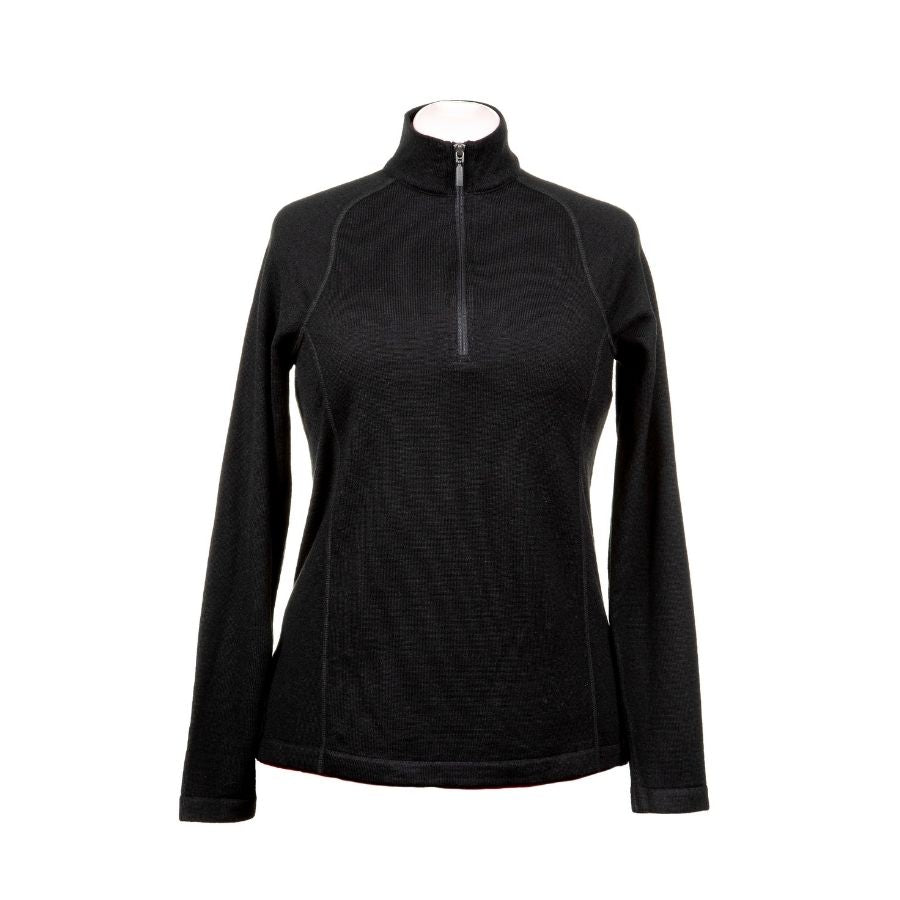 A product photo against a white background of a black Alpacas of Montana warm thermal soft cozy comfortable activewear outerwear athletic moisture wicking antimicrobial women's fashion stylish luxury mid-layer quarter-zip alpaca wool long sleeve pullover top for outdoors camping climbing hiking skiing hunting fishing running winter.