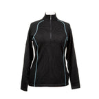 A product photo against a white background of a black with teal stitching Alpacas of Montana warm thermal soft cozy comfortable activewear outerwear athletic moisture wicking antimicrobial women's fashion stylish luxury mid-layer quarter-zip alpaca wool long sleeve pullover top for outdoors camping climbing hiking skiing hunting fishing running winter.