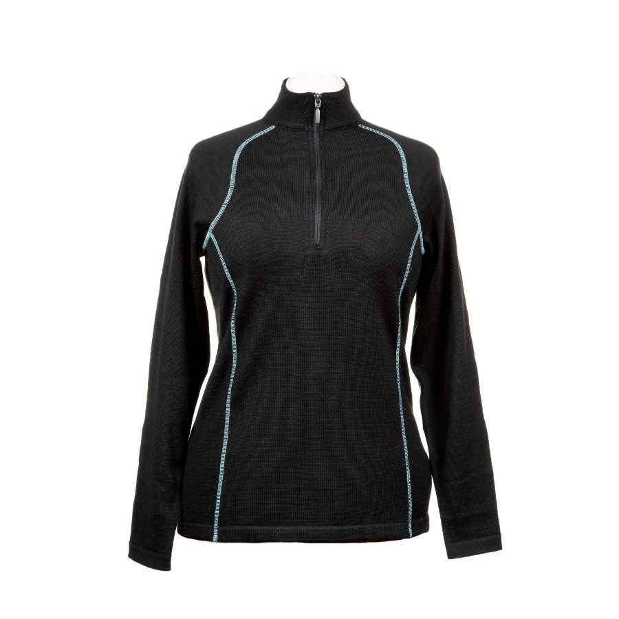A product photo against a white background of a black with teal stitching Alpacas of Montana warm thermal soft cozy comfortable activewear outerwear athletic moisture wicking antimicrobial women's fashion stylish luxury mid-layer quarter-zip alpaca wool long sleeve pullover top for outdoors camping climbing hiking skiing hunting fishing running winter.