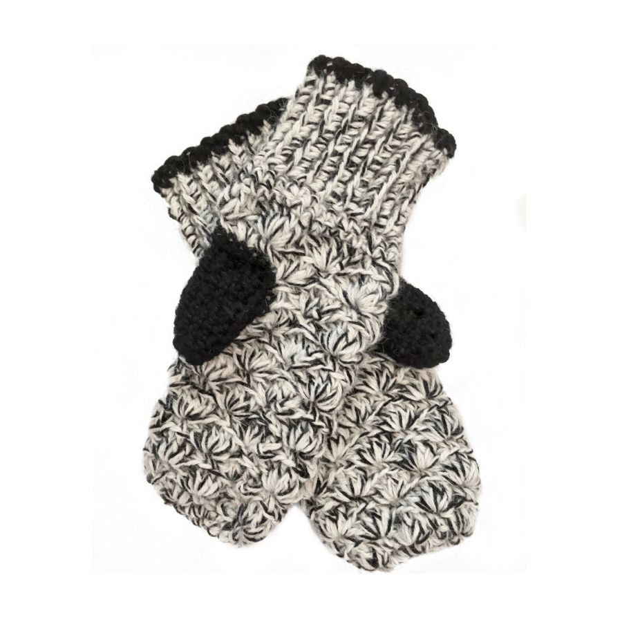 product photo of black and white alpaca wool hand knit scallop gloves