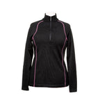 A product photo against a white background of a black with pink stitching Alpacas of Montana warm thermal soft cozy comfortable activewear outerwear athletic moisture wicking antimicrobial women's fashion stylish luxury mid-layer quarter-zip alpaca wool long sleeve pullover top for outdoors camping climbing hiking skiing hunting fishing running winter.