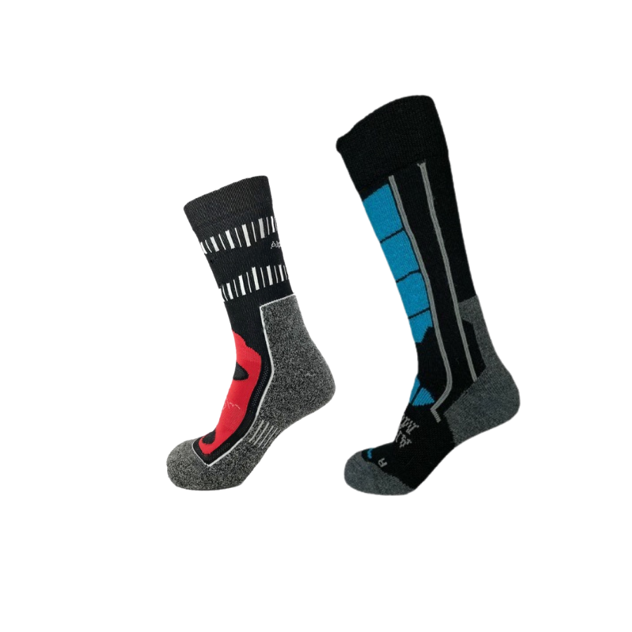 black and red mid crew socks and black and blue ski socks