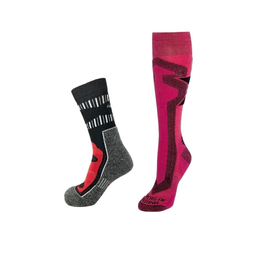 black and red alpaca midcrew socks and pink alpaca ski socks