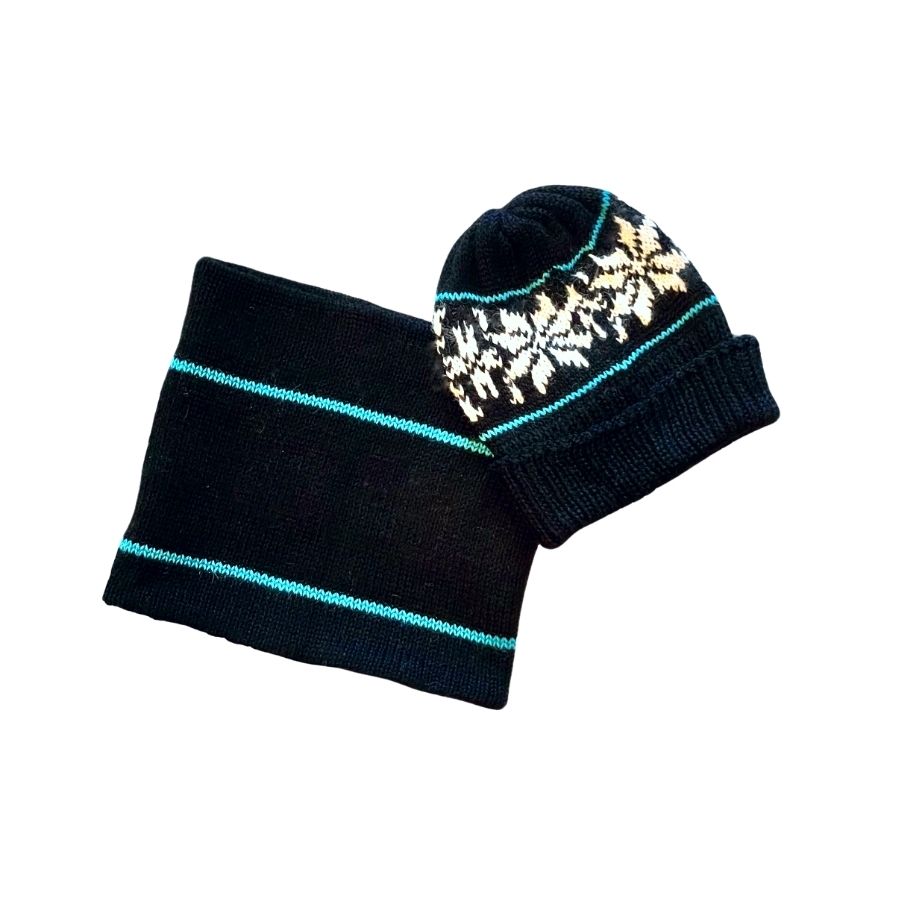 black alpaca wool cowl and beanie hat with teal blue stripes and white snowflakes