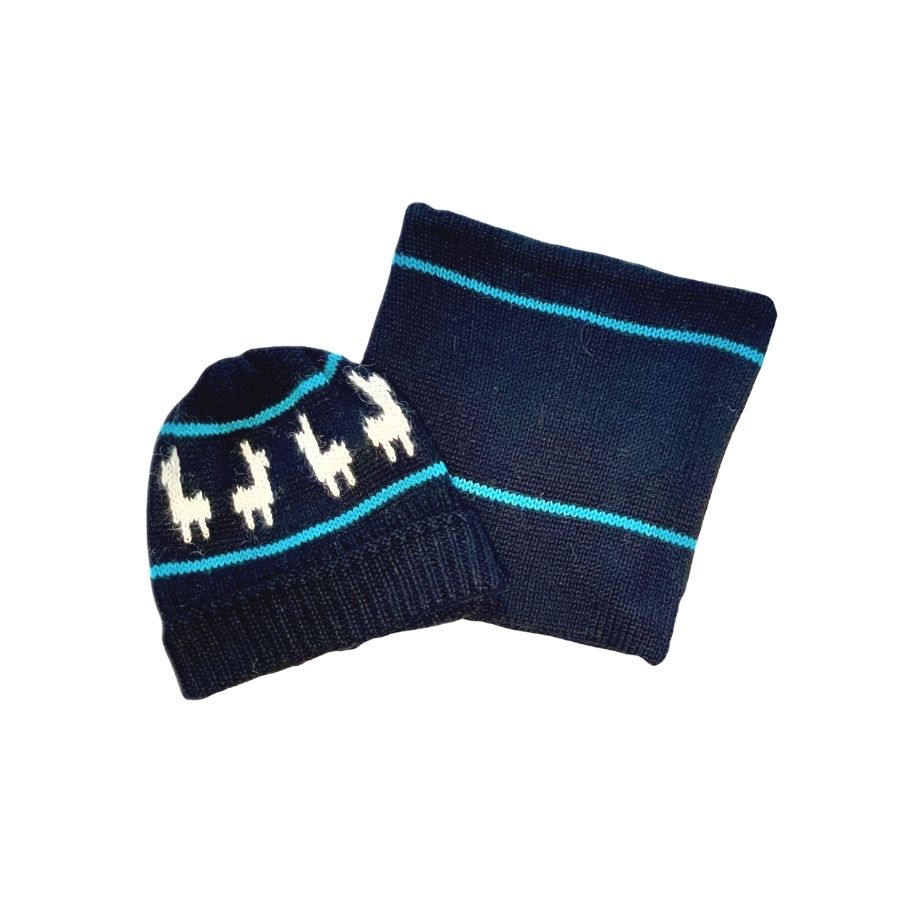 black and teal alpaca wool handmade beanie hats and cowl set with two teal stripes and white alpacas