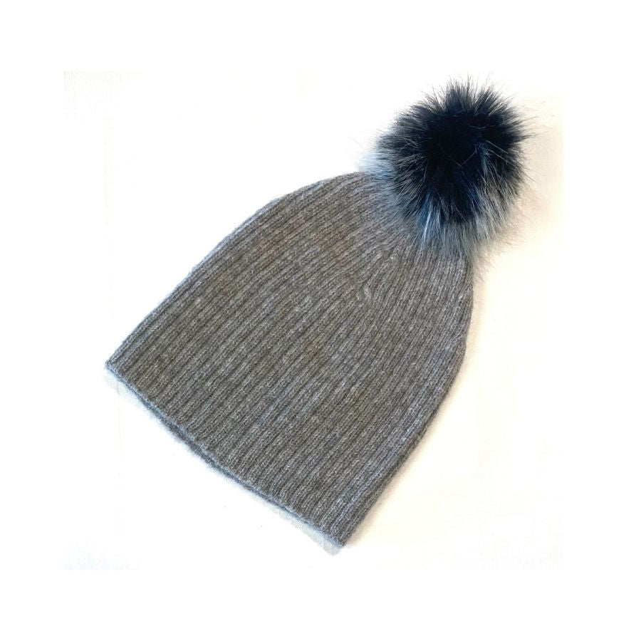gray alpaca wool beanie hat with black and white pom pom