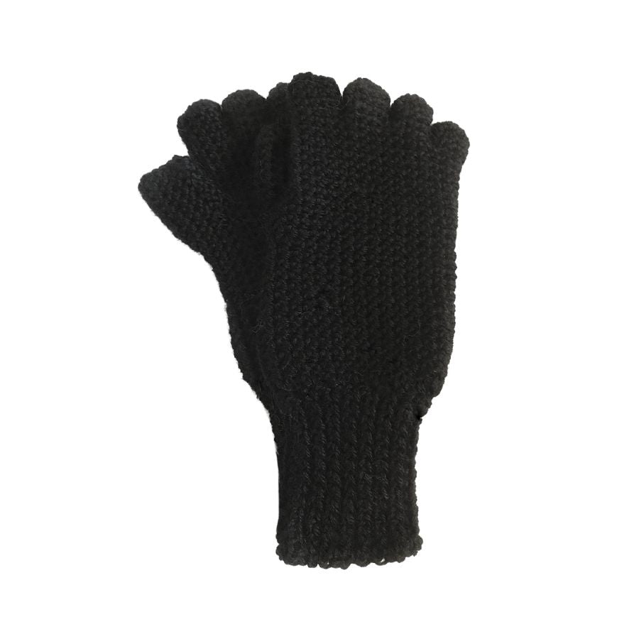 A product photo with a white background of a hand wearing a soft cozy comfortable fashionable moisture wicking knitted crochet fingerless gloves handmade in Montana from black alpaca wool yarn.