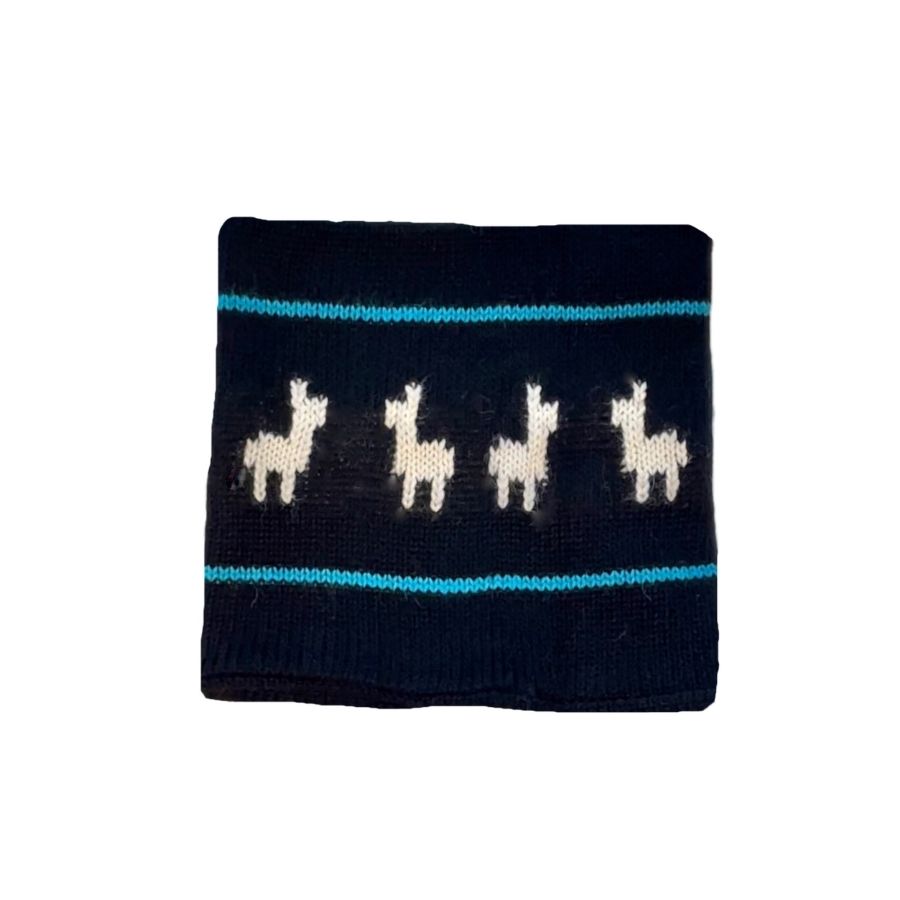 black handmade alpaca wool cowl with two teal stripes and white alpacas