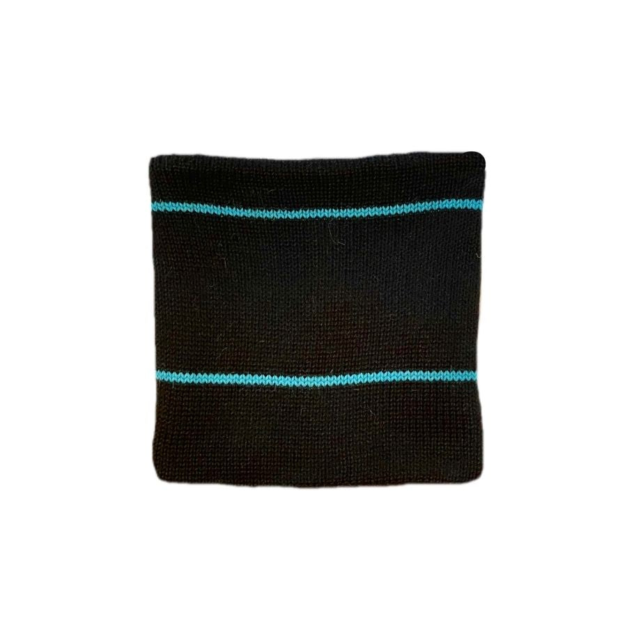 handmade black alpaca wool cowl with two teal stripes