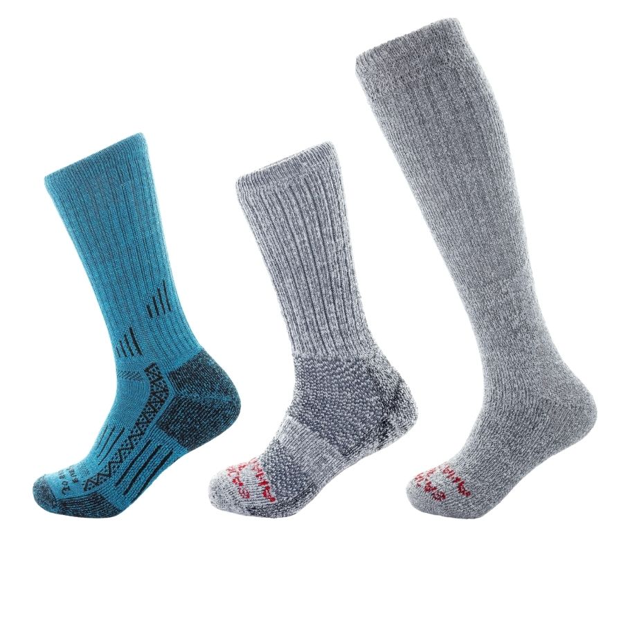 blue adventure sock, gray extra cushion sock and gray arctic sock