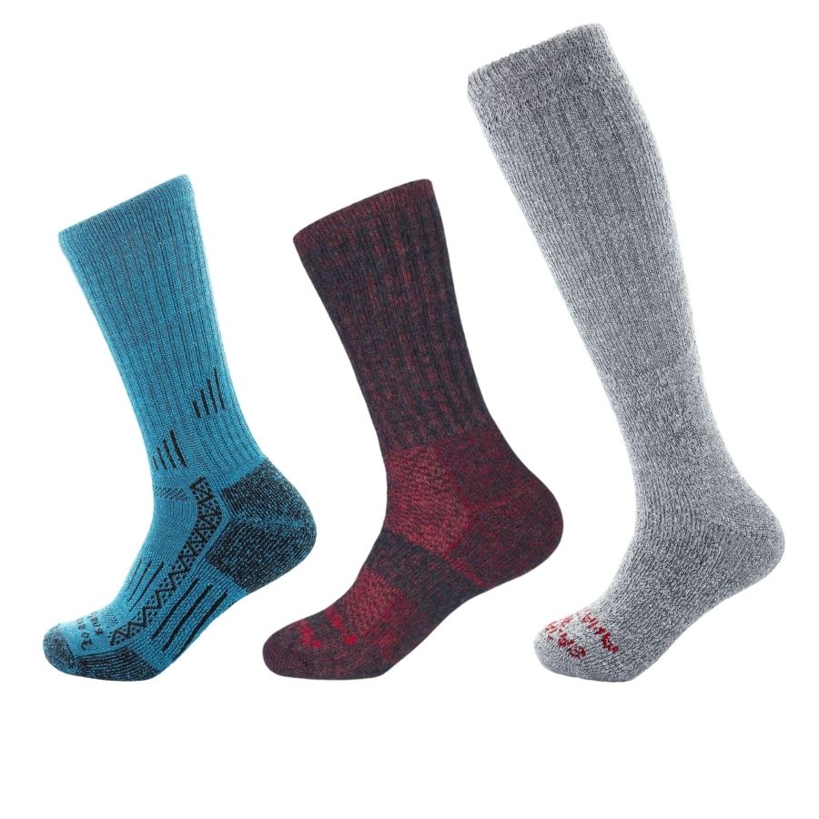 blue adventure sock, red extra cushion sock, gray arctic sock