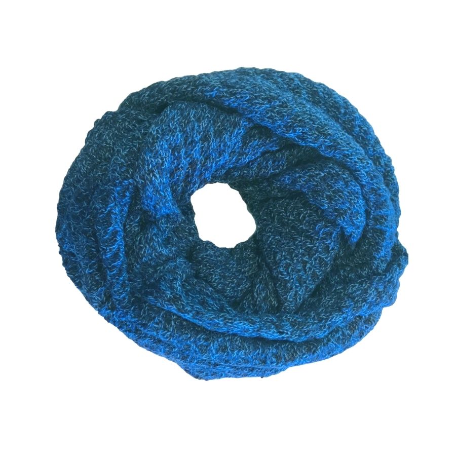 blue alpaca wool infinity scarf displayed against white background