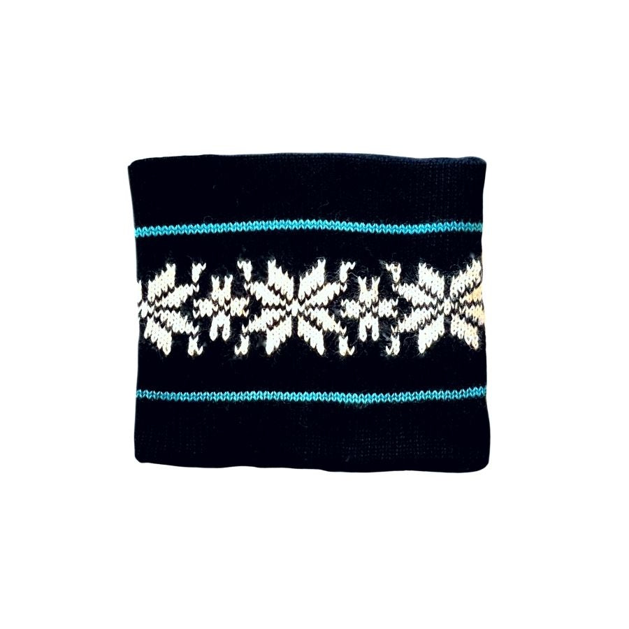 black alpaca wool handmade cowl with two teal stripes and white snowflakes