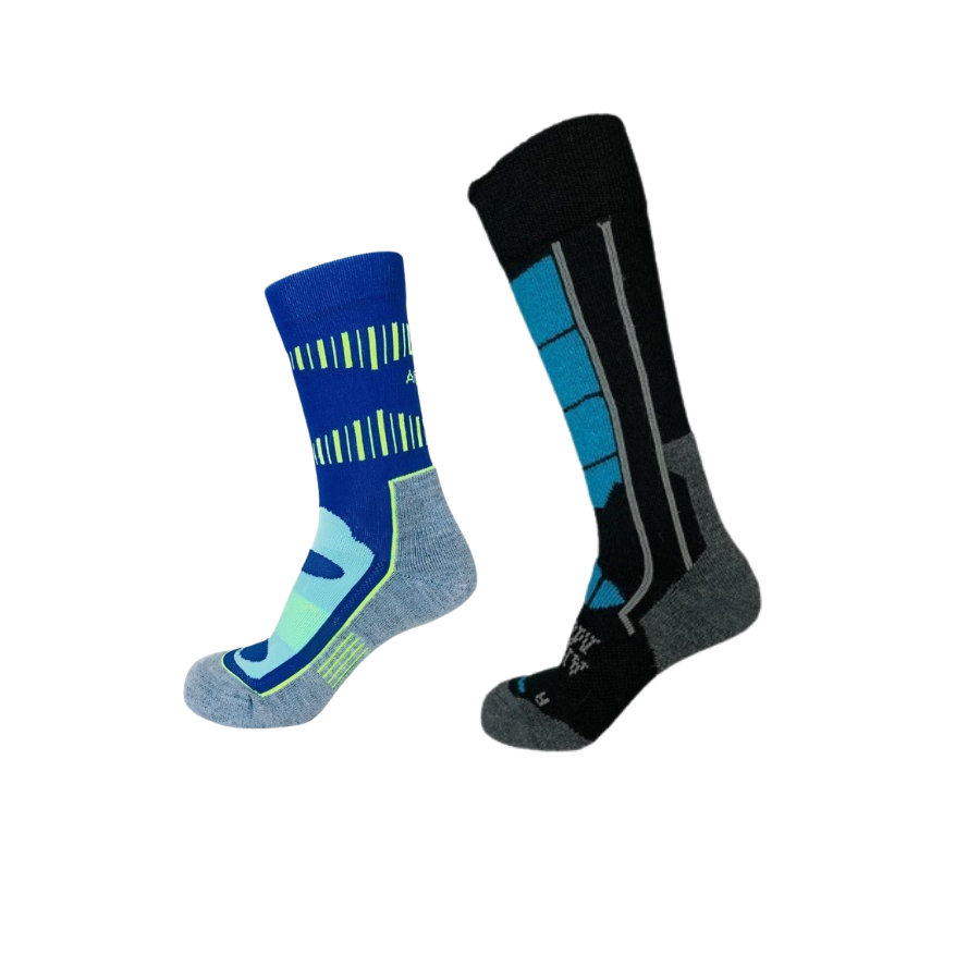 blue mid crew socks and black and blue ski socks