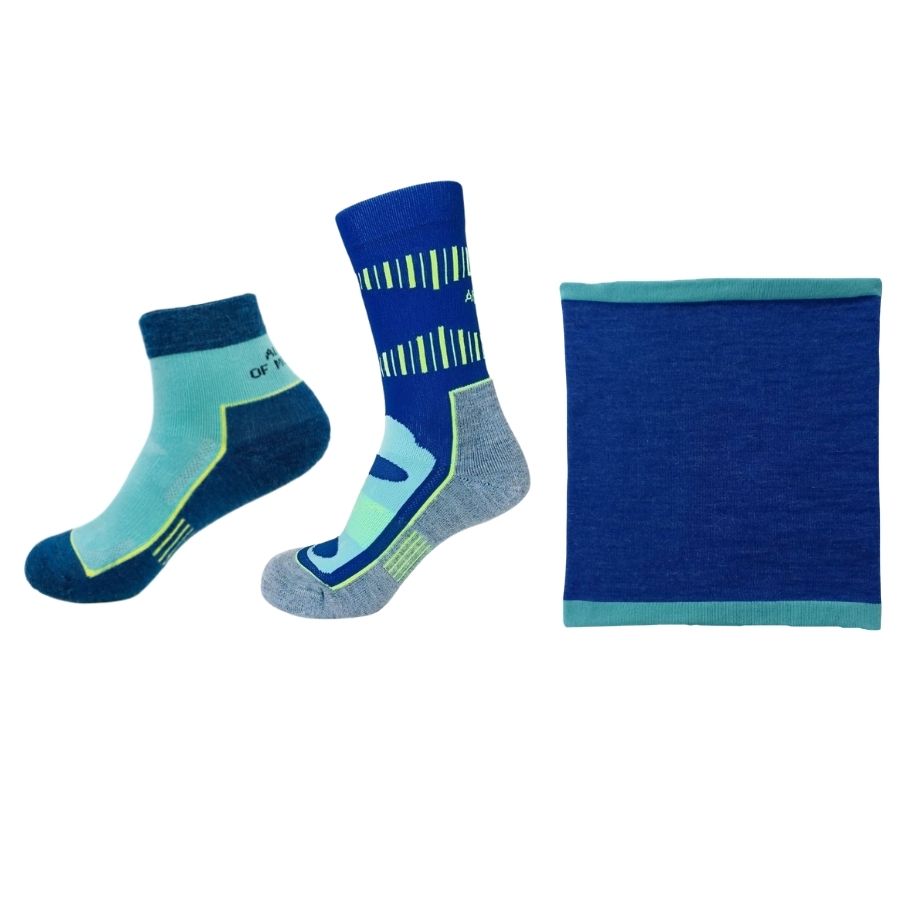 blue alpaca wool quarter length sock, blue and neon alpaca wool mid crew sock and blue alpaca wool high desert neck gaiter