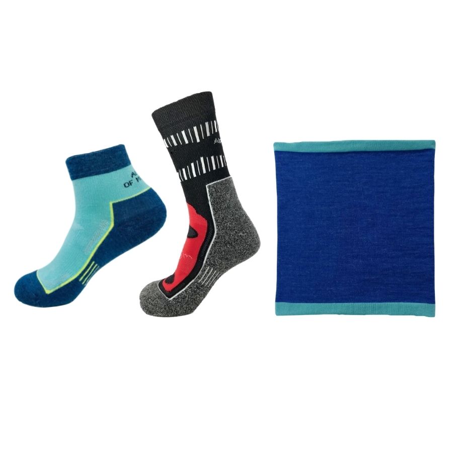 blue alpaca wool quarter length sock, red and black alpaca wool mid crew sock and blue alpaca wool high desert neck gaiter
