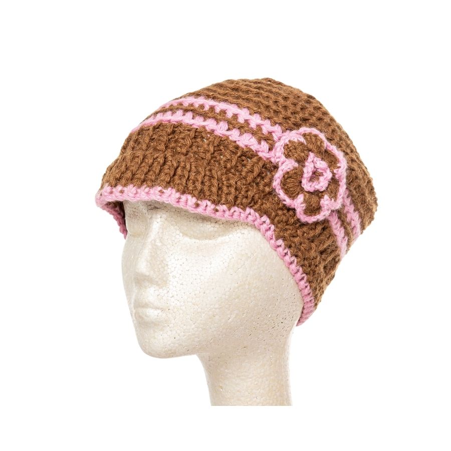 brown and pink hand knit alpaca wool brimmed beanie hat with flower