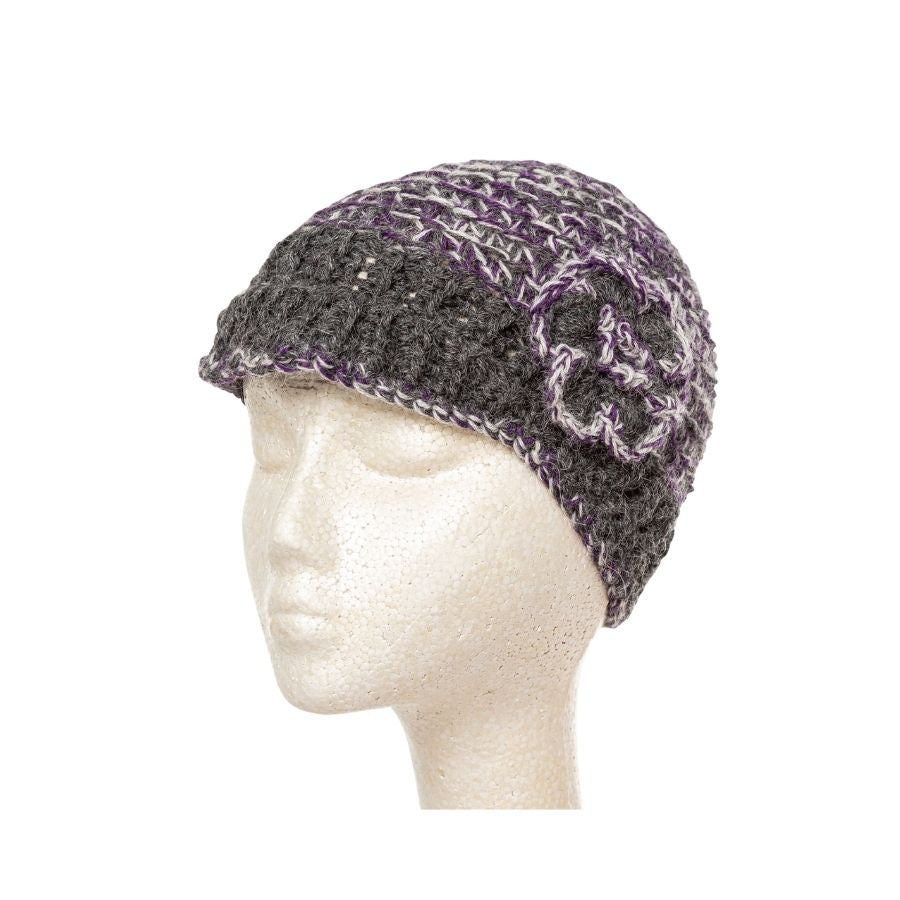 gray and purple hand knit alpaca wool brimmed beanie hat with flower