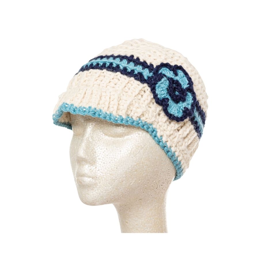 white navy blue and light blue hand knit alpaca wool brimmed beanie hat with flower