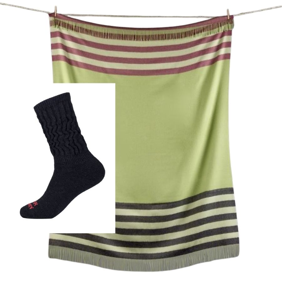 warm black mid calf therapeutic alpaca wool socks and green chartreuse blanket