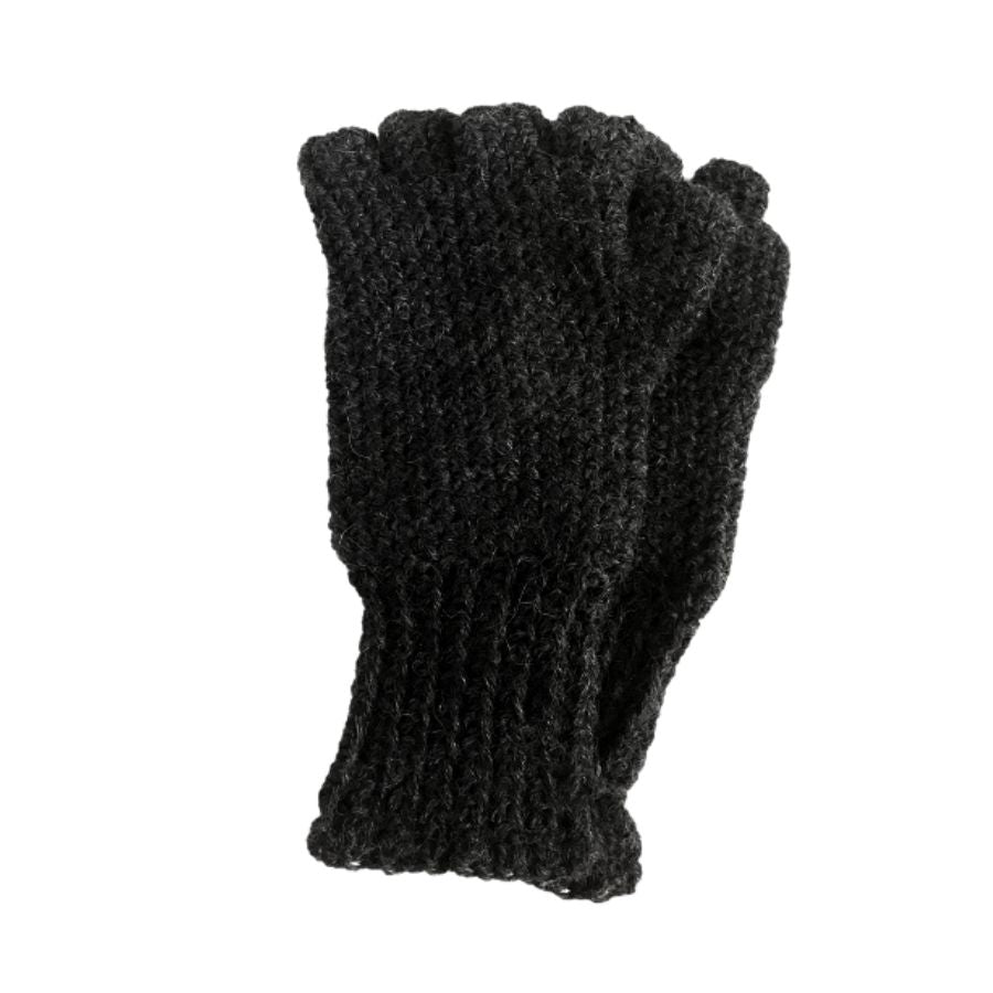 A product photo with a white background of a hand wearing a soft cozy comfortable fashionable moisture wicking knitted crochet fingerless gloves handmade in Montana from dark gray alpaca wool yarn.