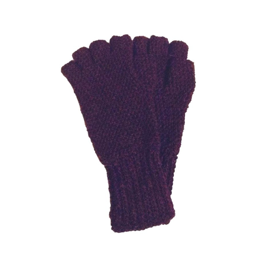 A product photo with a white background of a hand wearing a soft cozy comfortable fashionable moisture wicking knitted crochet fingerless gloves handmade in Montana from deep purple alpaca wool yarn.