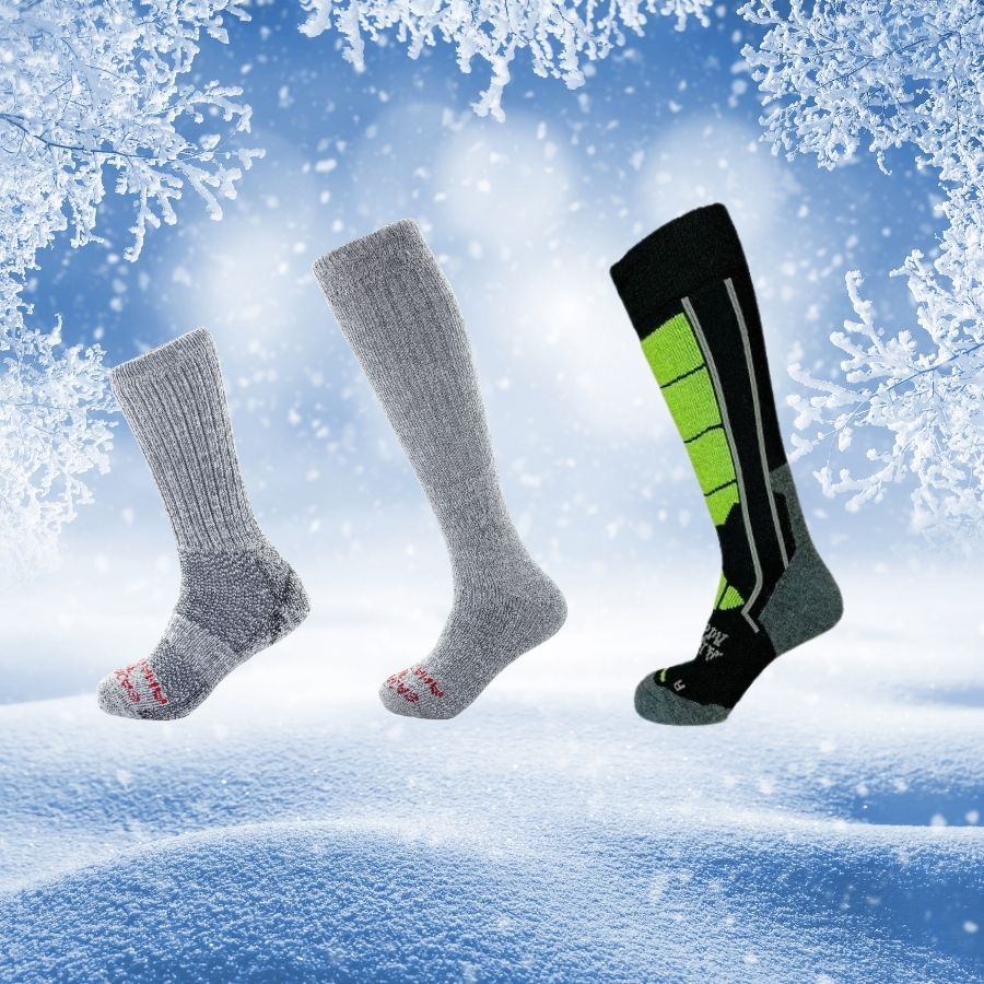 warm winter bundle for cold feet with gray extra cushion boot socks warm arctic socks and green and black alpaca wool ski socks