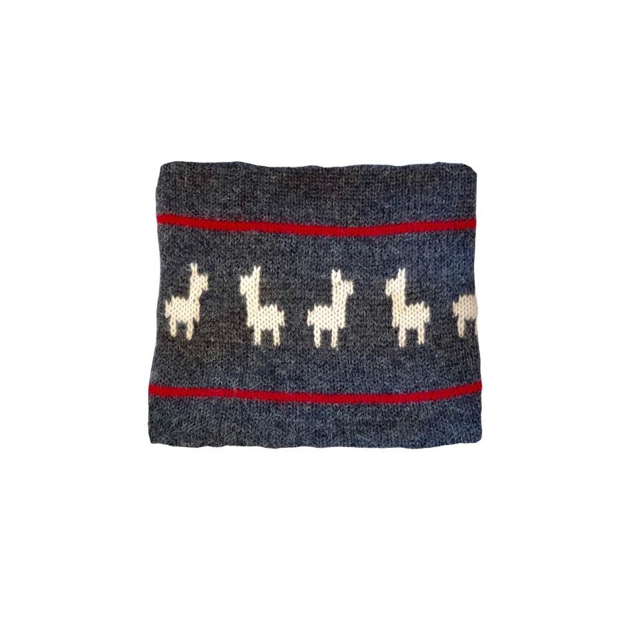 handmade gray alpaca wool cowl with two red stripes and white alpacas