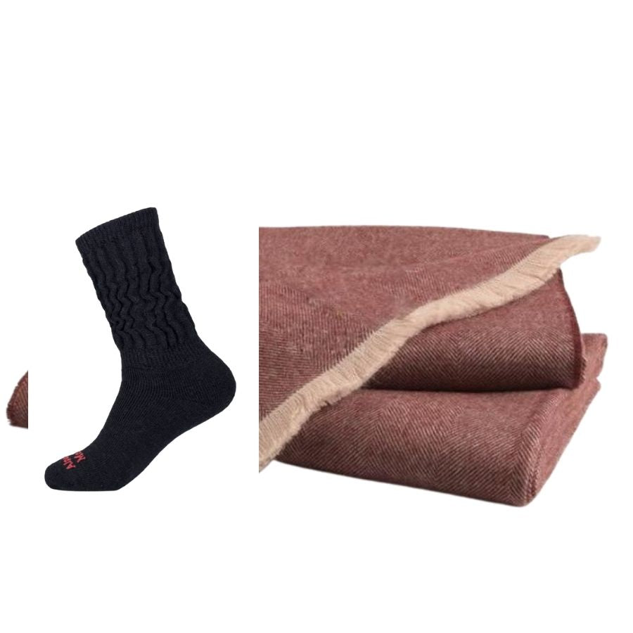 warm black mid calf therapeutic alpaca wool socks and red herringbone blanket