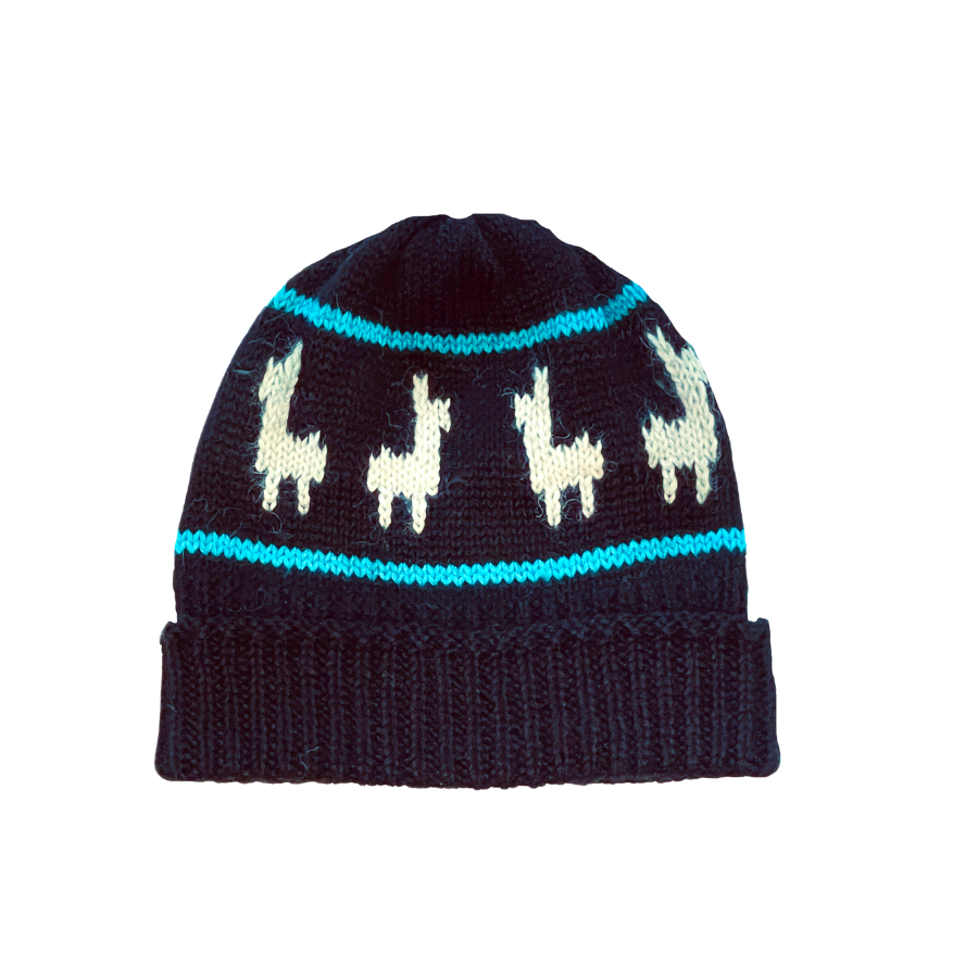 black handmade alpaca wool beanie with white alpacas and two teal stripes