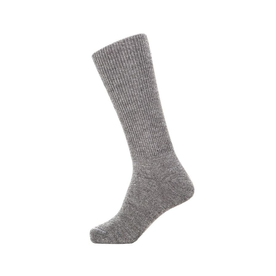 A product photo of medium light gray Alpacas of Montana professional soft comfortable moisture wicking business casual alpaca wool dress socks for men and women.