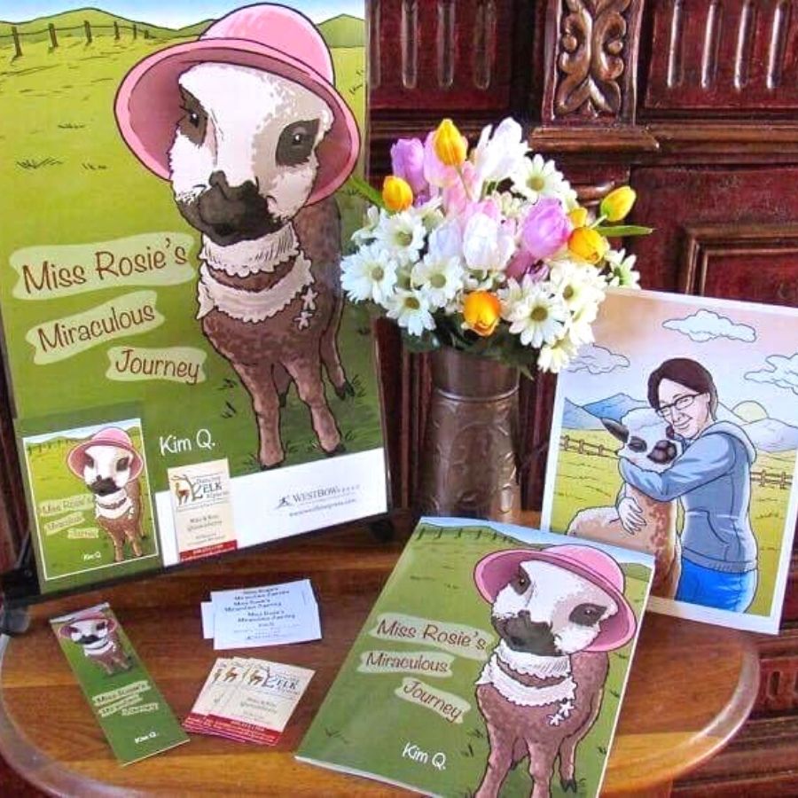 miss rosie&#39;s alpaca book on display with some flowers