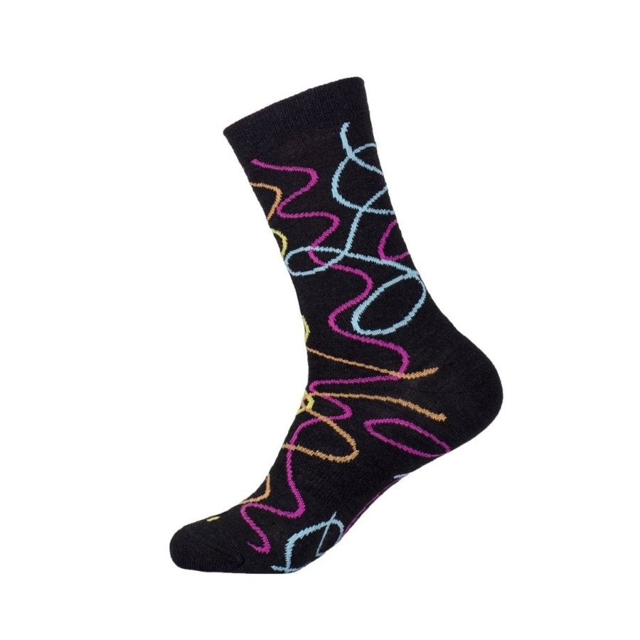 A product photo with a white background of the Alpacas of Montana colorful yellow, orange, pink, and blue squiggle pattern black casual lounge fashion comfortable soft cozy everyday moisture wicking alpaca wool Night Life socks.