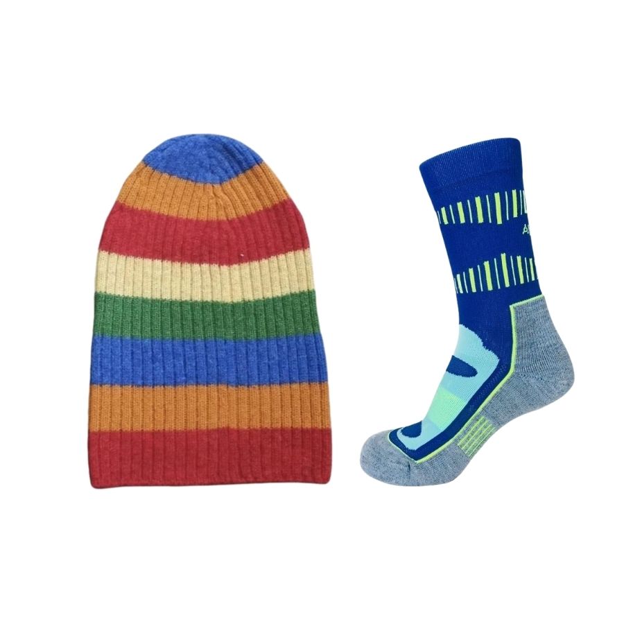 multi colored rainbow striped alpaca wool beartooth beanie hat and blue mid crew alpaca socks