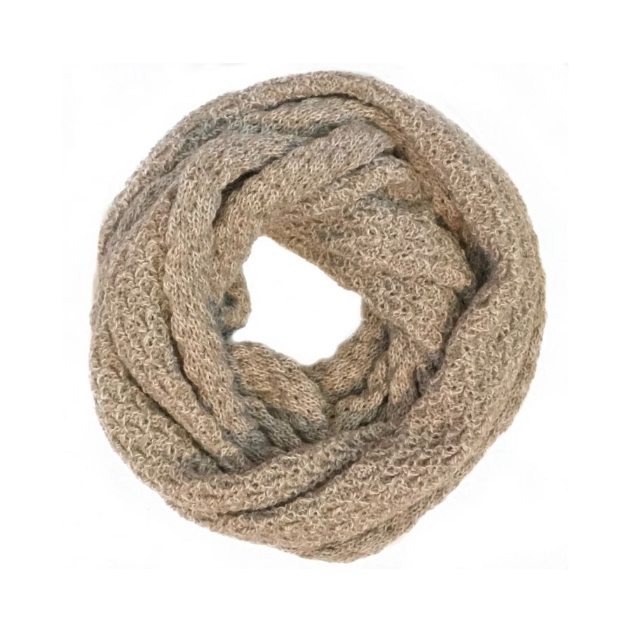oatmeal alpaca wool infinity scarf displayed against white background
