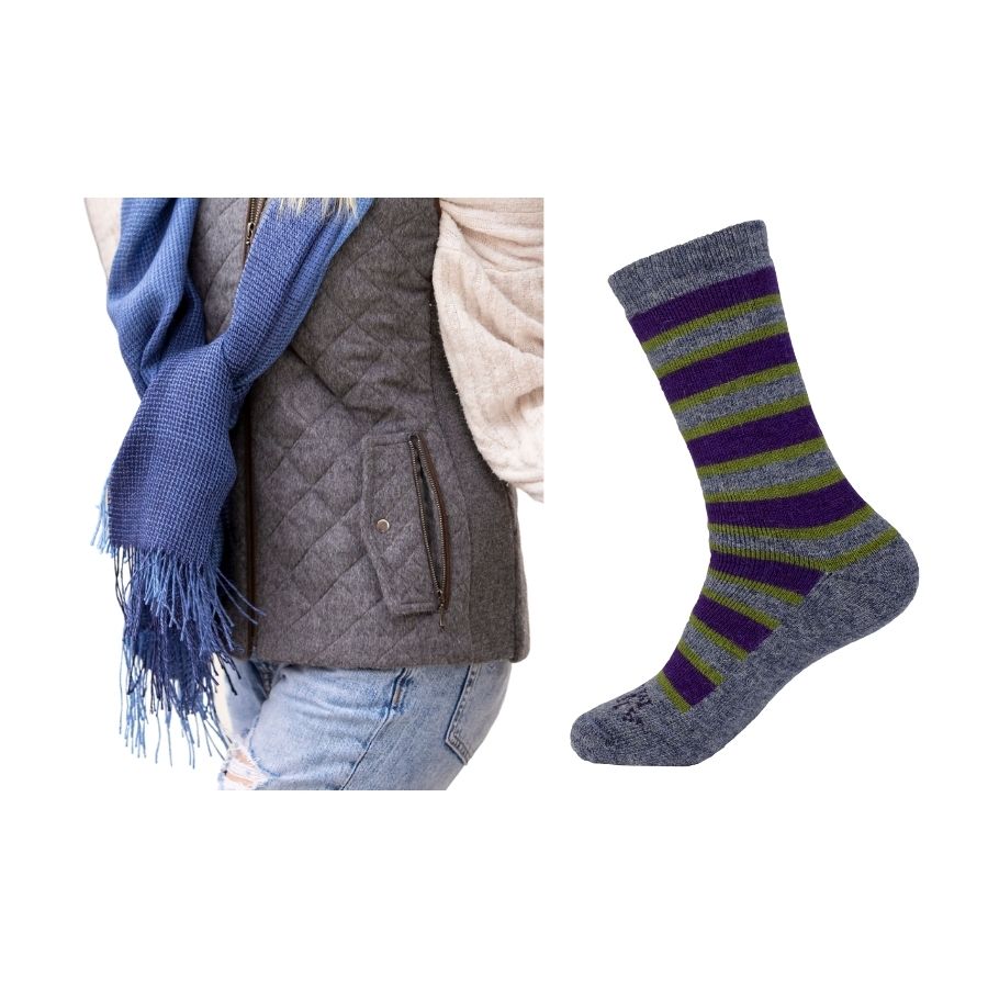 ocean blues alpaca wool shawl tied in a knot and product photo of gray, purple and green alpaca wool cozy urbanite socks