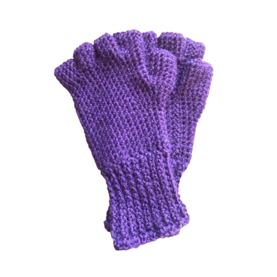 A product photo with a white background of a hand wearing a soft cozy comfortable fashionable moisture wicking knitted crochet fingerless gloves handmade in Montana from bright purple alpaca wool yarn.