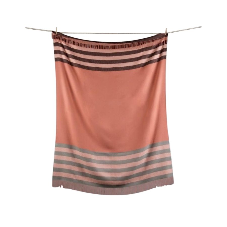 salmon pink with dark and light gray striped alpaca wool blanket