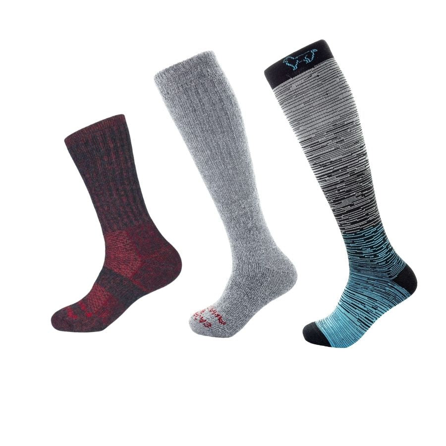 red extra cushion alpaca boot socks gray arctic socks and blue and gray striped alpaca compression socks