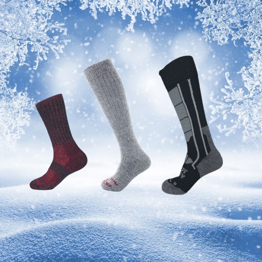 warm winter bundle for cold feet with red extra cushion boot socks warm arctic socks and gray and black alpaca wool ski socks
