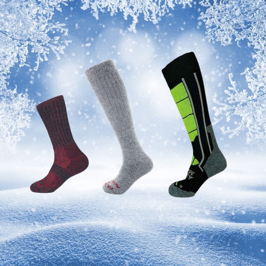 warm winter bundle for cold feet with red extra cushion boot socks warm arctic socks and green and black alpaca wool ski socks